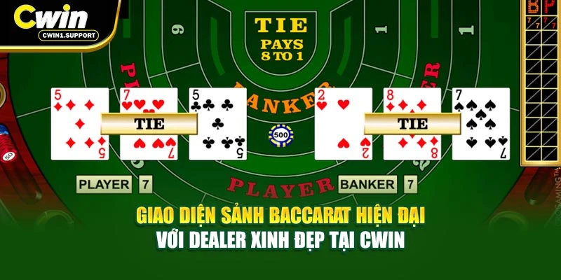 Giao diện sảnh baccarat hiện đại với dealer xinh đẹp tại CWIN