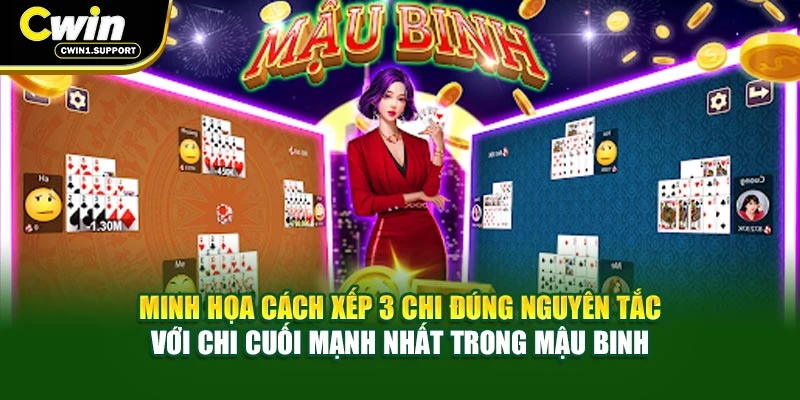 Minh họa cách xếp 3 chi đúng nguyên tắc với chi cuối mạnh nhất trong mậu binh